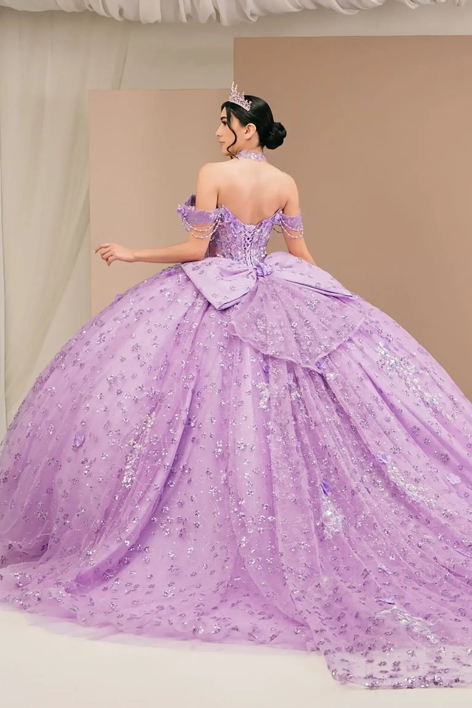 Back view of a woman wearing lilac quinceañera dress with voluminous glitter tulle skirt, lace-up corset closure, and floral applique accents.