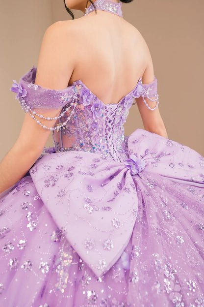 Bodice back close-up of a woman wearing lilac quinceañera dress with beadwork detail, sequins, and lace-up corset design.
