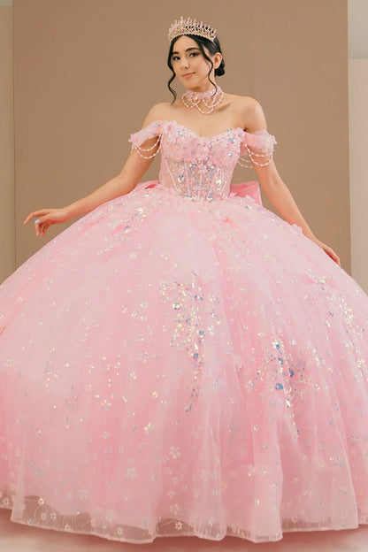 Full front view of a woman wearing pink quinceañera dress with glitter tulle skirt, off-shoulder sweetheart neckline, and beaded corset bodice.