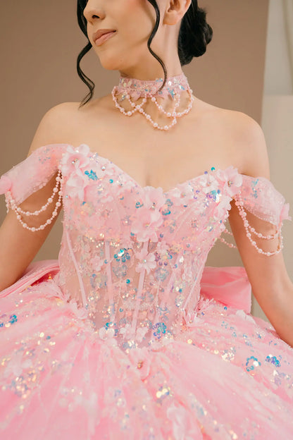 Bodice close-up of a woman wearing pink quinceañera dress showing floral appliques, sequins, and intricate beadwork details.
