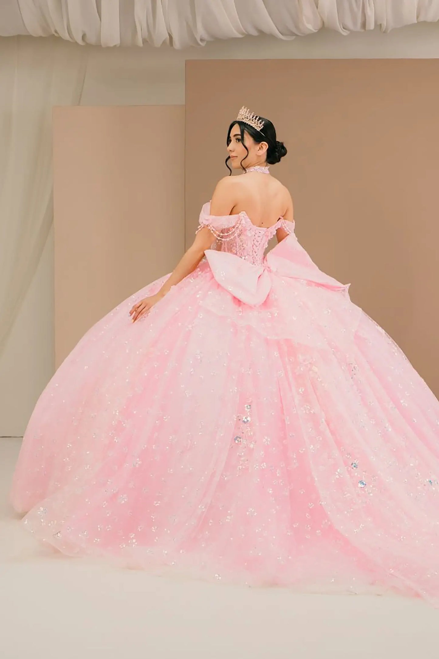 Back view of a woman wearing pink quinceañera dress with voluminous glitter tulle skirt, lace-up corset closure, and floral applique accents.