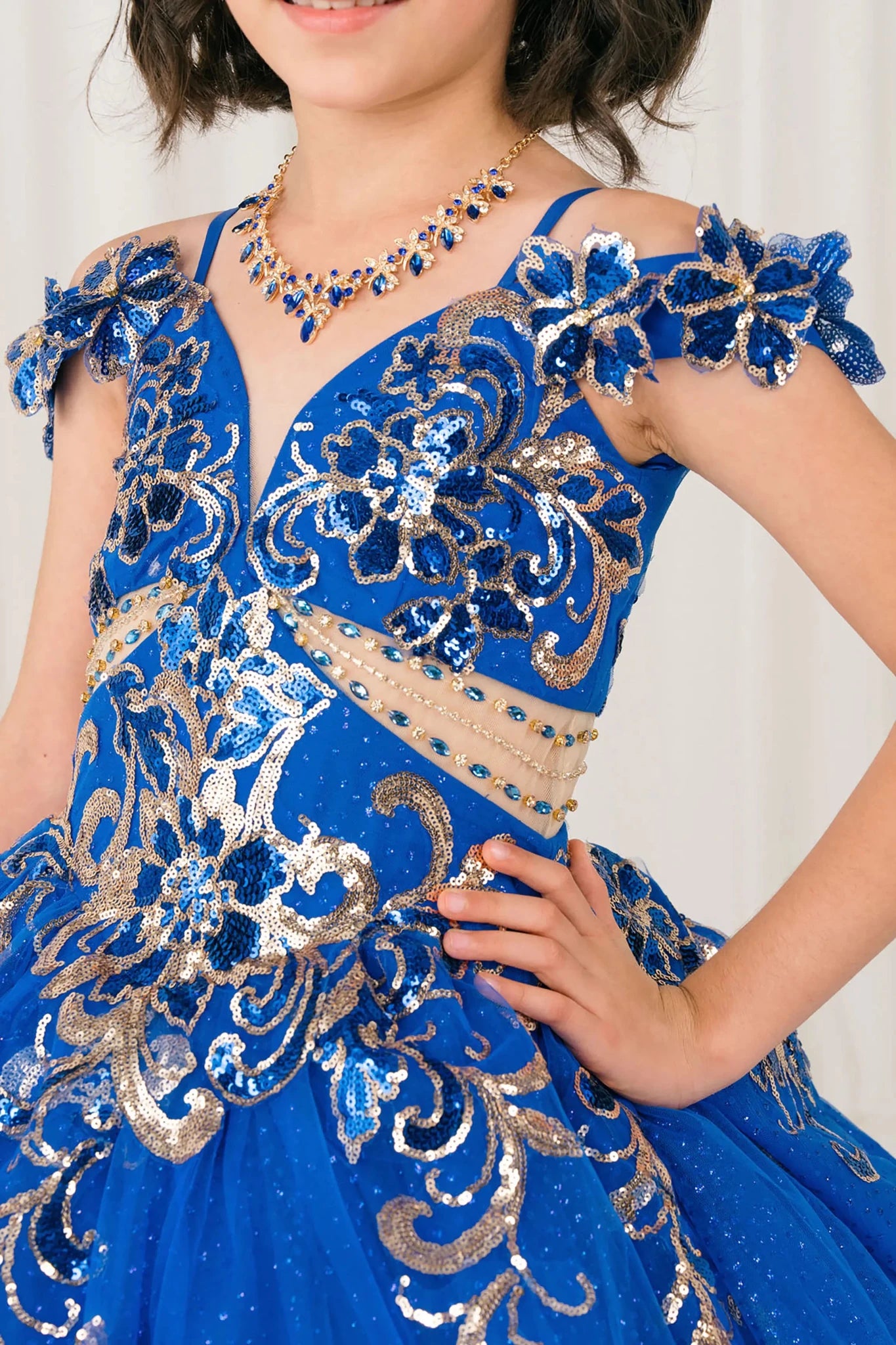 Front close up view of Royal mini quince mini quince dress with off shoulder floral embroidered bodice, glitter tulle skirt.
