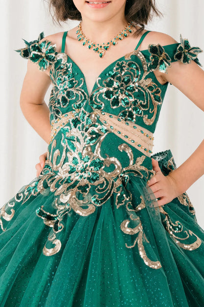 Detailed view highlights hunter green mini quince mini quince dress with off shoulder floral embroidered bodice, glitter tulle.