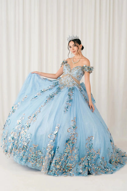 Front full-length view of Blue quinceañera ball gown with off shoulder bodice, gold embroidery, floral appliqués, voluminous tulle skirt, corset back, and oversized bow