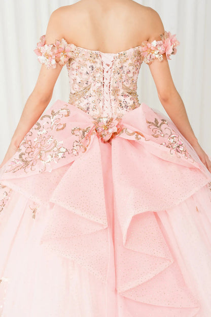 Black close-up Pink quinceañera ball gown with off shoulder bodice, gold embroidery, floral appliqués, voluminous tulle skirt, corset back, and oversized bow