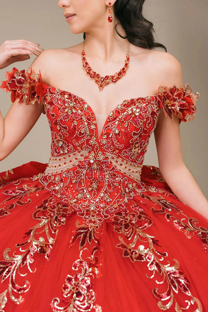 Front close-up Red quinceañera ball gown with off shoulder bodice, gold embroidery, floral appliqués, voluminous tulle skirt, corset back, and oversized bow