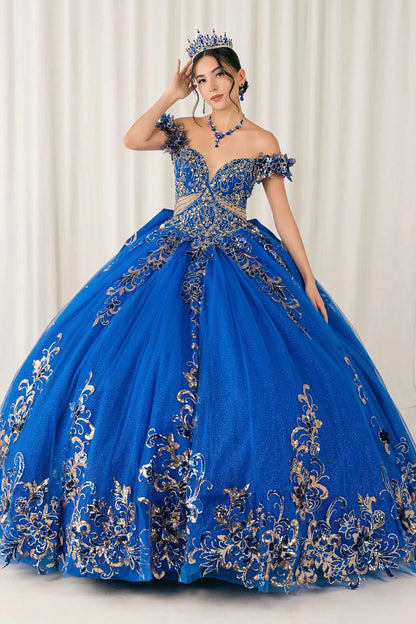Front full-length view of Royal quinceañera ball gown with off shoulder bodice, gold embroidery, floral appliqués, voluminous tulle skirt, corset back, and oversized bow