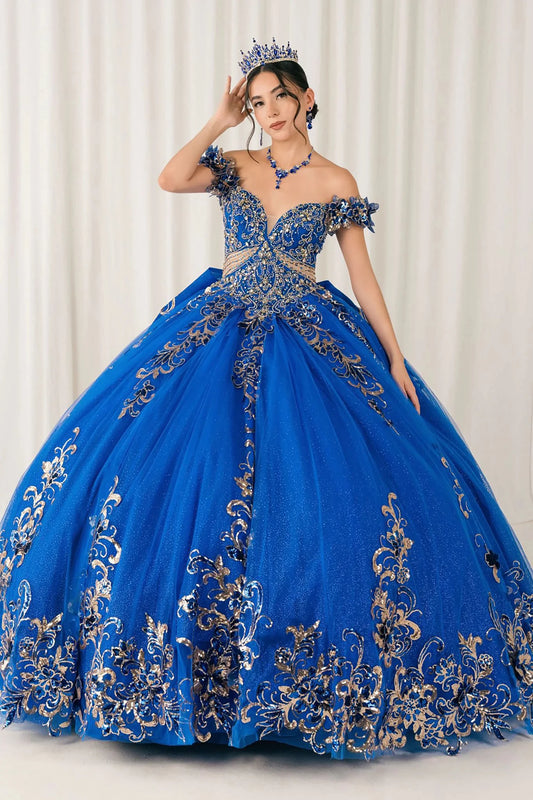 Front full-length view of Royal quinceañera ball gown with off shoulder bodice, gold embroidery, floral appliqués, voluminous tulle skirt, corset back, and oversized bow