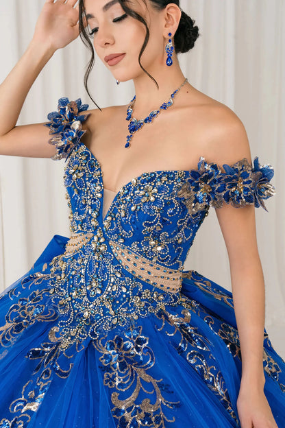 Front close-up Royal quinceañera ball gown with off shoulder bodice, gold embroidery, floral appliqués, voluminous tulle skirt, corset back, and oversized bow