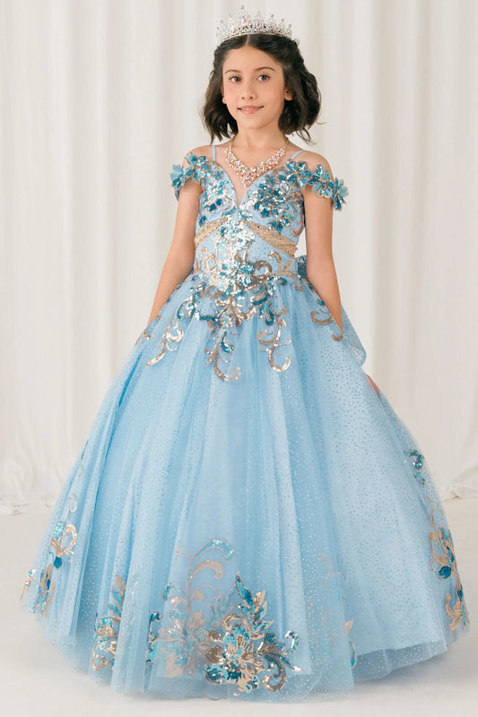 Front full-length view of Blue mini quince ball gown with off shoulder floral embroidered bodice, glitter tulle skirt, lace up back, and layered bow