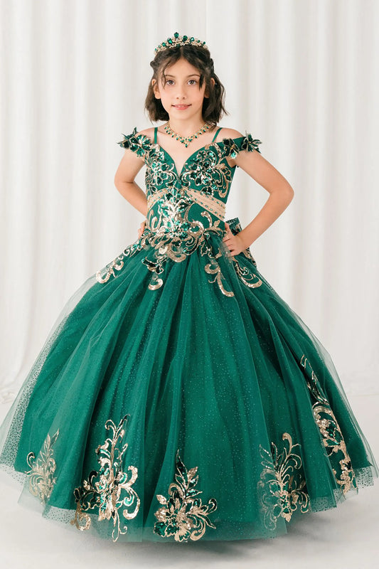 Front full-length view of Hunter green mini quince ball gown with off shoulder floral embroidered bodice, glitter tulle skirt, lace up back, and layered bow