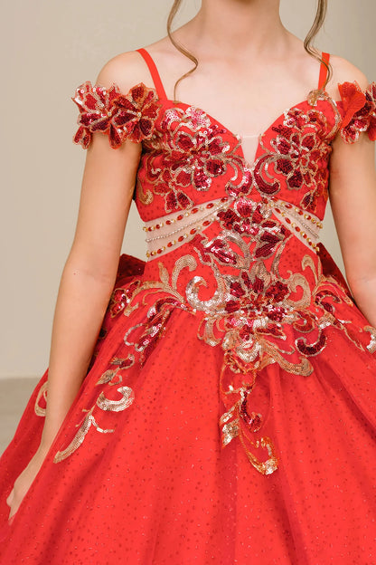 Front close up view of Red mini quince ball gown with off shoulder floral embroidered bodice, glitter tulle skirt, lace up back, and layered bow