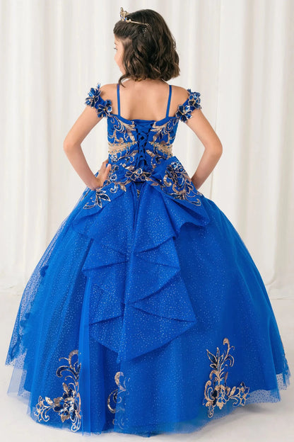 Back full-length view of Royal mini quince ball gown with off shoulder floral embroidered bodice, glitter tulle skirt, lace up back, and layered bow