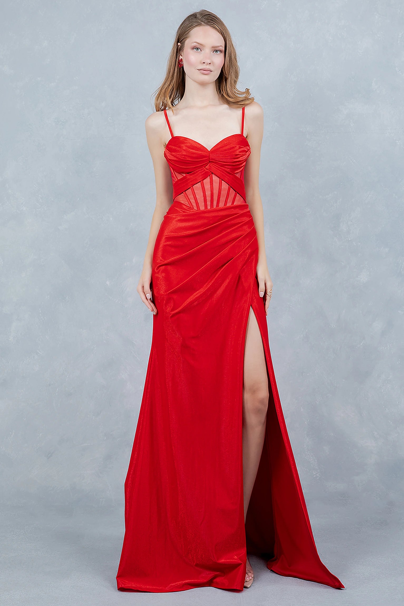 Red prom dress with sweetheart neckline and thin straps