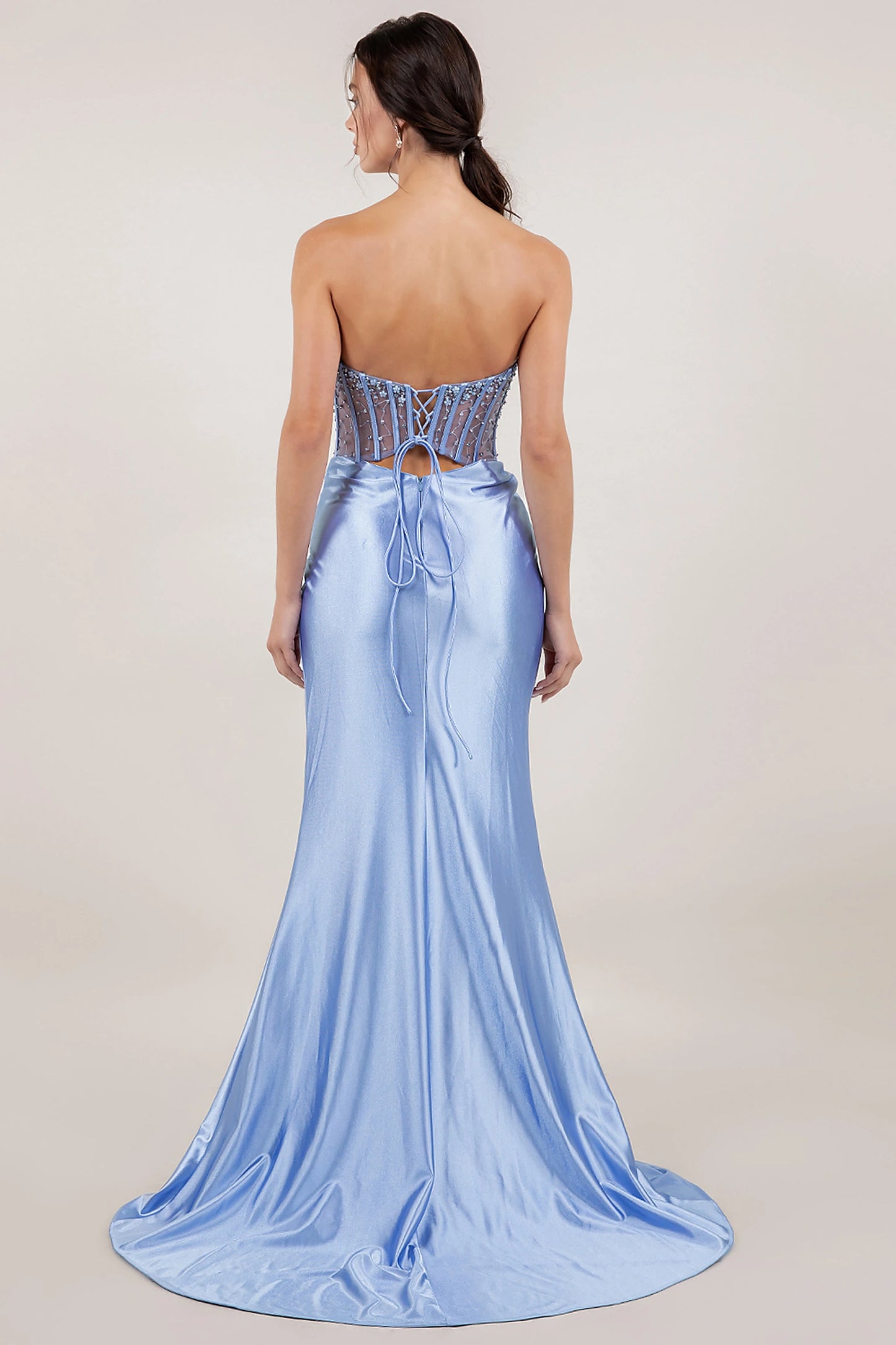 Blue Prom Dress Strapless Satin with Slit