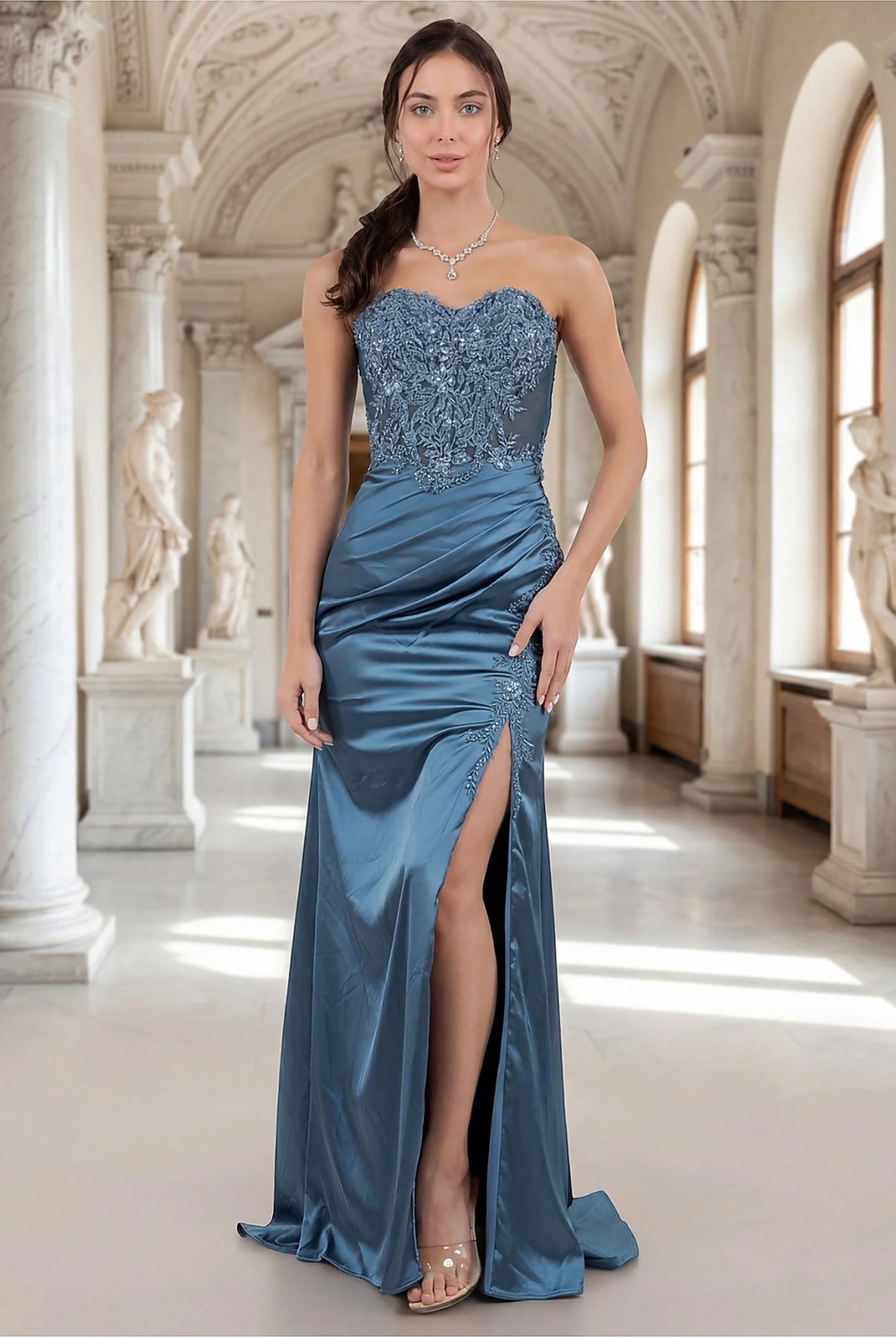 Dusty blue prom dress with strapless sweetheart neckline