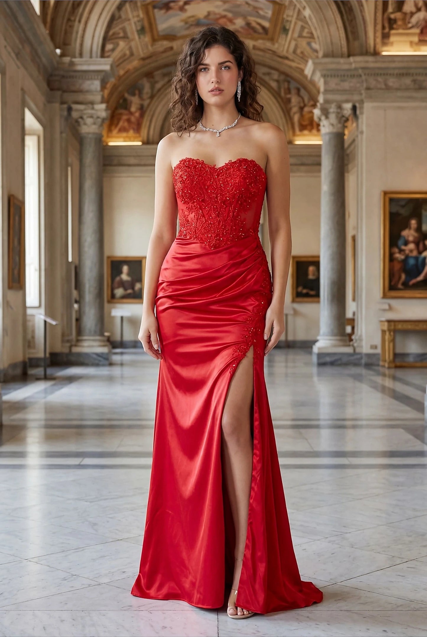 Red prom dress with strapless sweetheart neckline