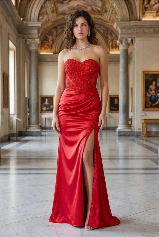Bodice close-up highlights red prom dress with strapless sweetheart neckline.