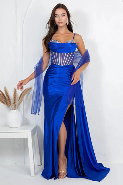 Full front view of a women wearing blue satin evening prom dress with rhinestone corset bodice and slit.