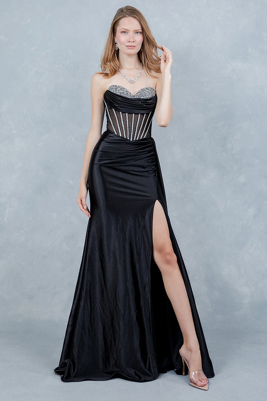 Black evening gown completed with flowing satin train adding sophistication and sheen