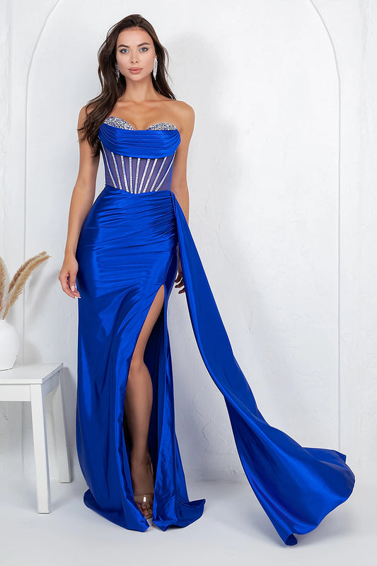 Royal Blue evening gown styled with high side slit and ruching at waist for flattering fit