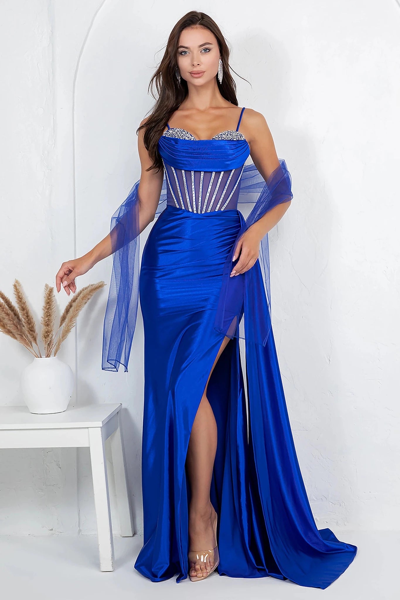Royal Blue evening gown with strapless sweetheart bodice embellished in sparkling rhinestones