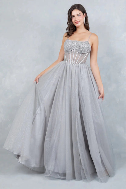 A full-length view of a woman wearing silver fairytale dress with a lace-up corset and sparkling full skirt.