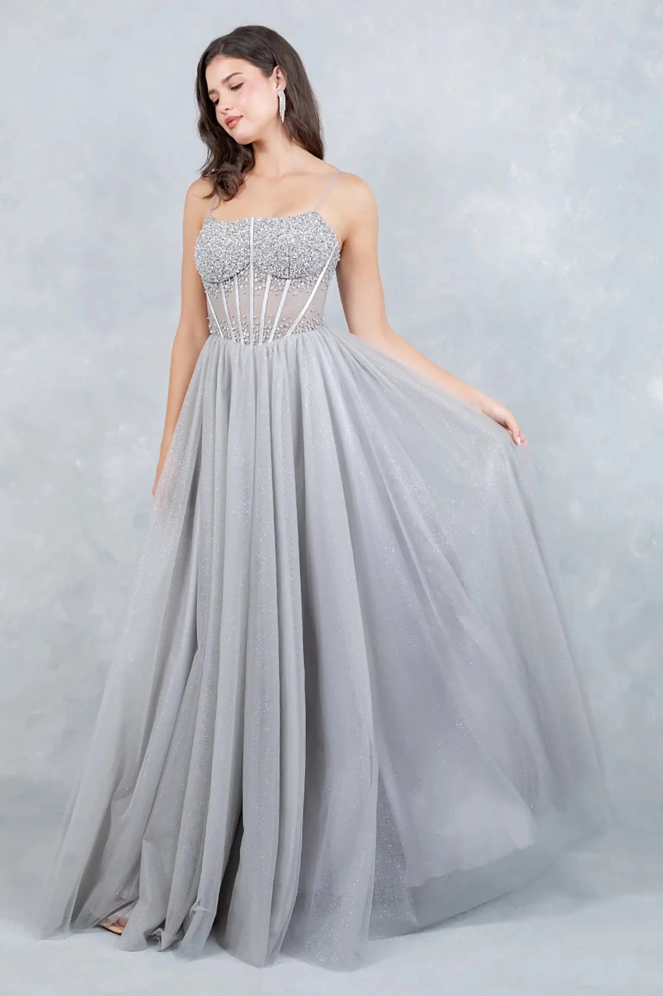 A full-length front view of a woman elegantly wearing a silver fairytale dress designed with a lace-up corset and sparkling voluminous skirt.