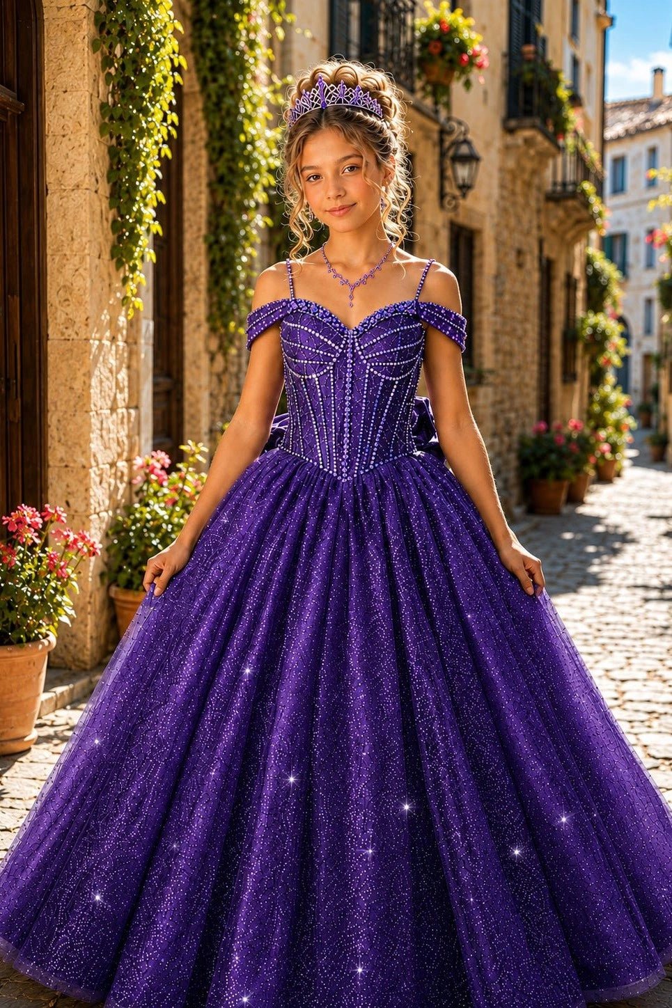Shown in a front view, the Purple mini quince dress has beaded off-shoulder neckline and full glitter ball skirt.