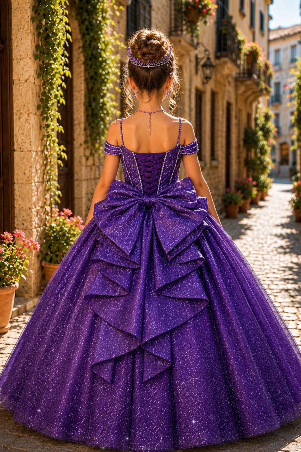 Displayed in a back view, the Purple mini quince dress has lace-up closure and large bow above cascading skirt layers.