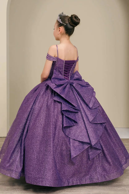 Skirt detail shows purple Kids Dress with Glitter Beaded Corset & Pleated Layers Tulle Skirt, Mini Quince Dress.