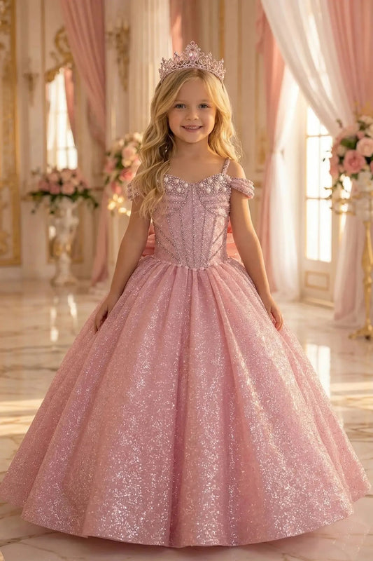 Rose gold mini quince dress front-facing with shimmering ball gown skirt, corset bodice, and elegant silhouette.