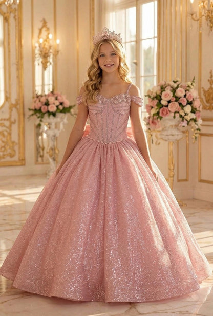 Shown in a front view, the Rose Gold mini quince dress has off-shoulder beaded neckline and full glitter ball skirt.