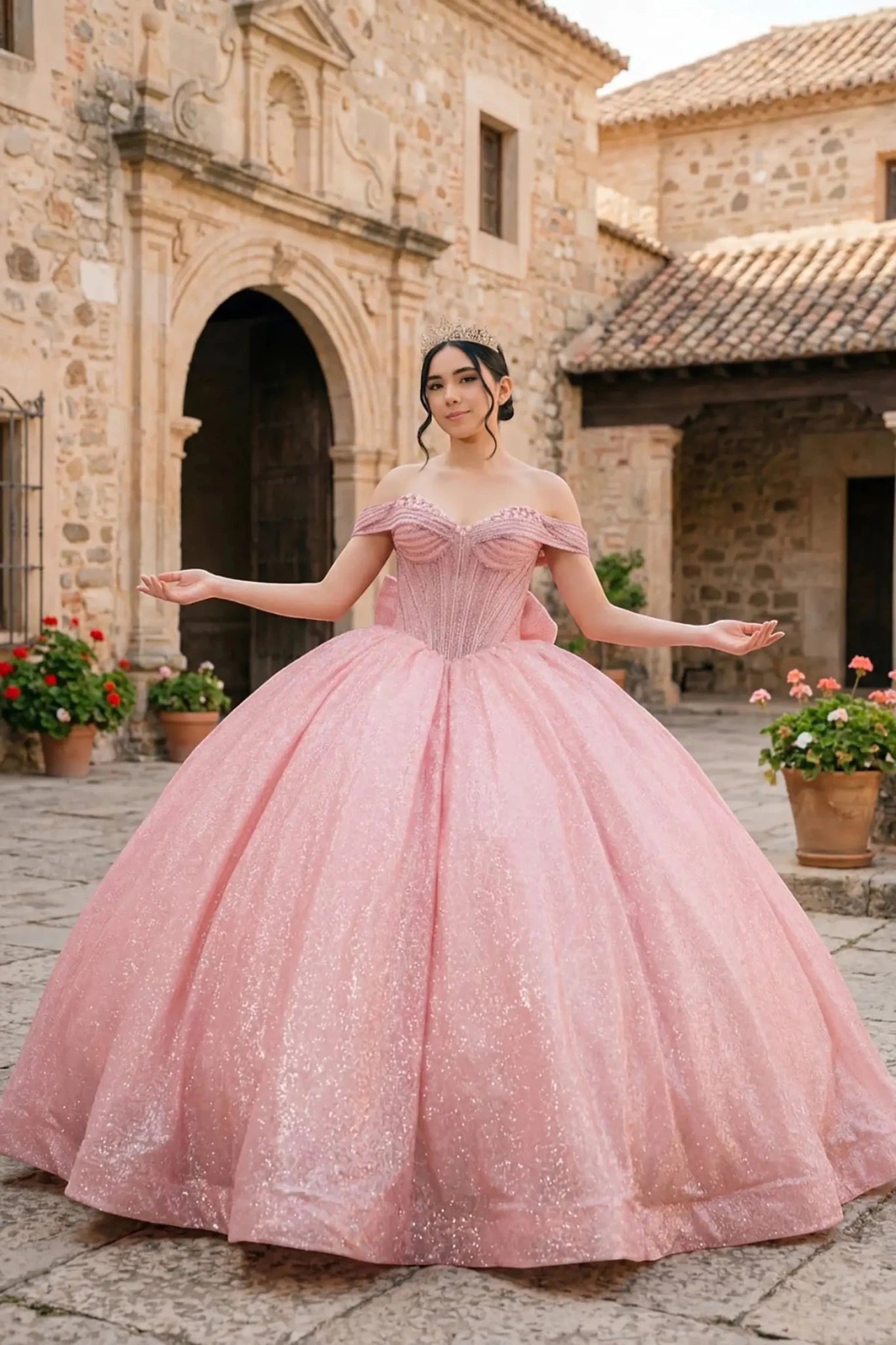 Woman wearing rose gold off-shoulder sweetheart ball gown with beaded corset bodice and glitter tulle full skirt