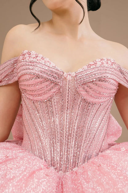 Rose gold off-shoulder sweetheart ball gown with beaded corset bodice, glitter detailing, and elegant neckline