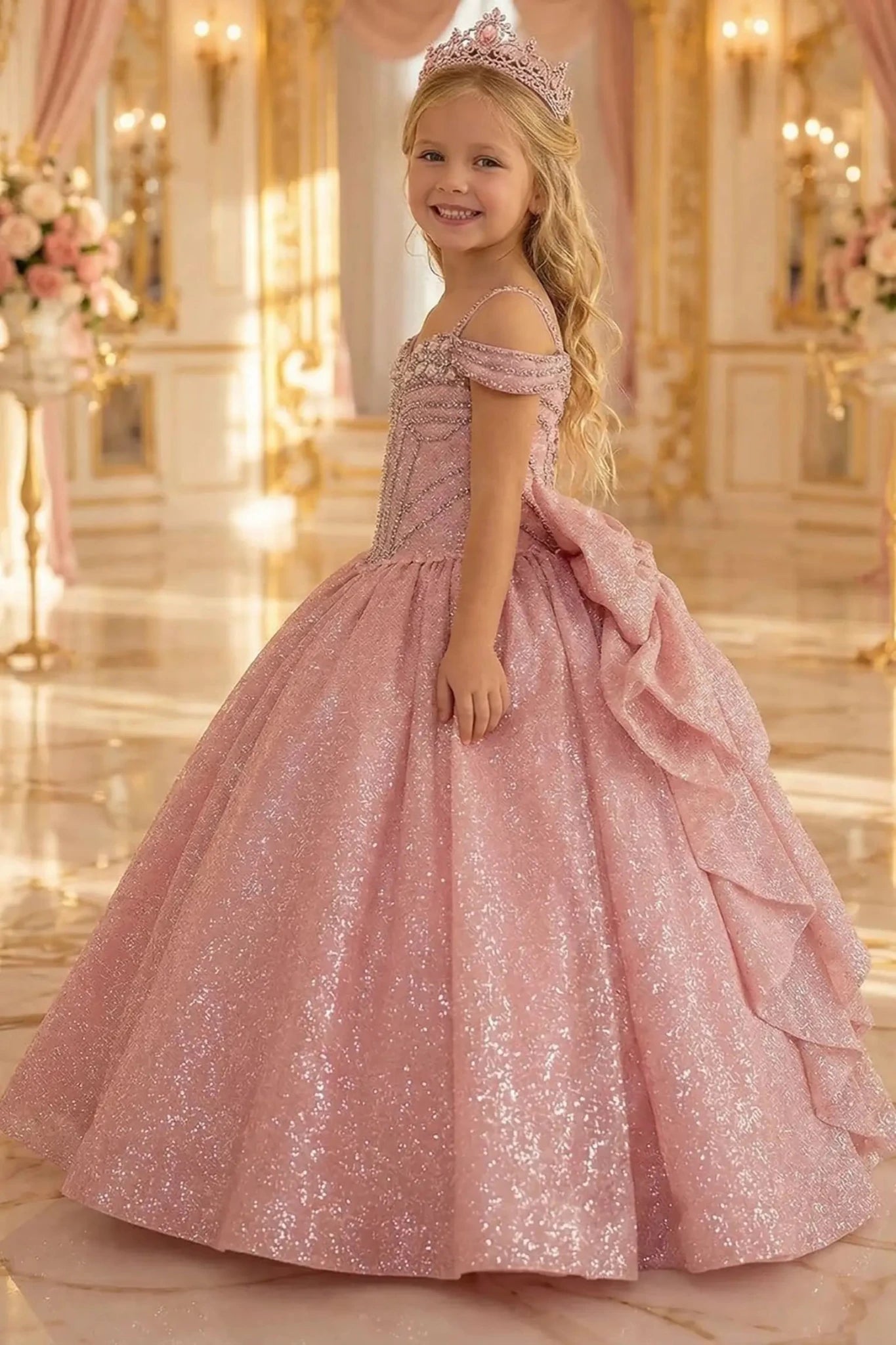 Kid wearing rose gold mini quince dress side-facing with sparkling ball gown skirt, fitted corset bodice, and flowing layered design