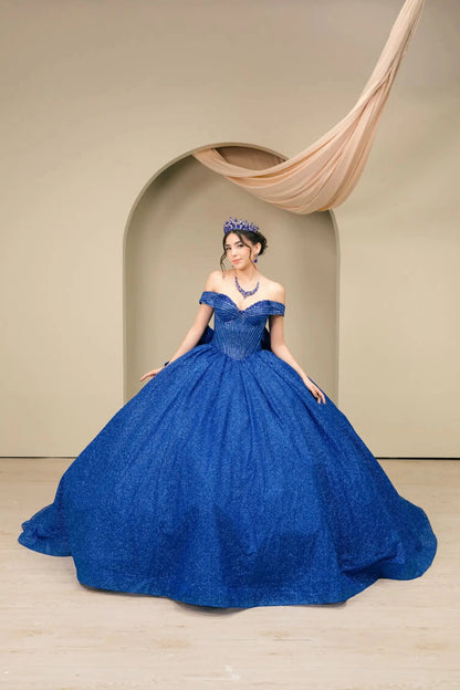 Woman standing front-facing in elegant royal blue ball gown with beaded corset bodice and voluminous glitter tulle skirt

