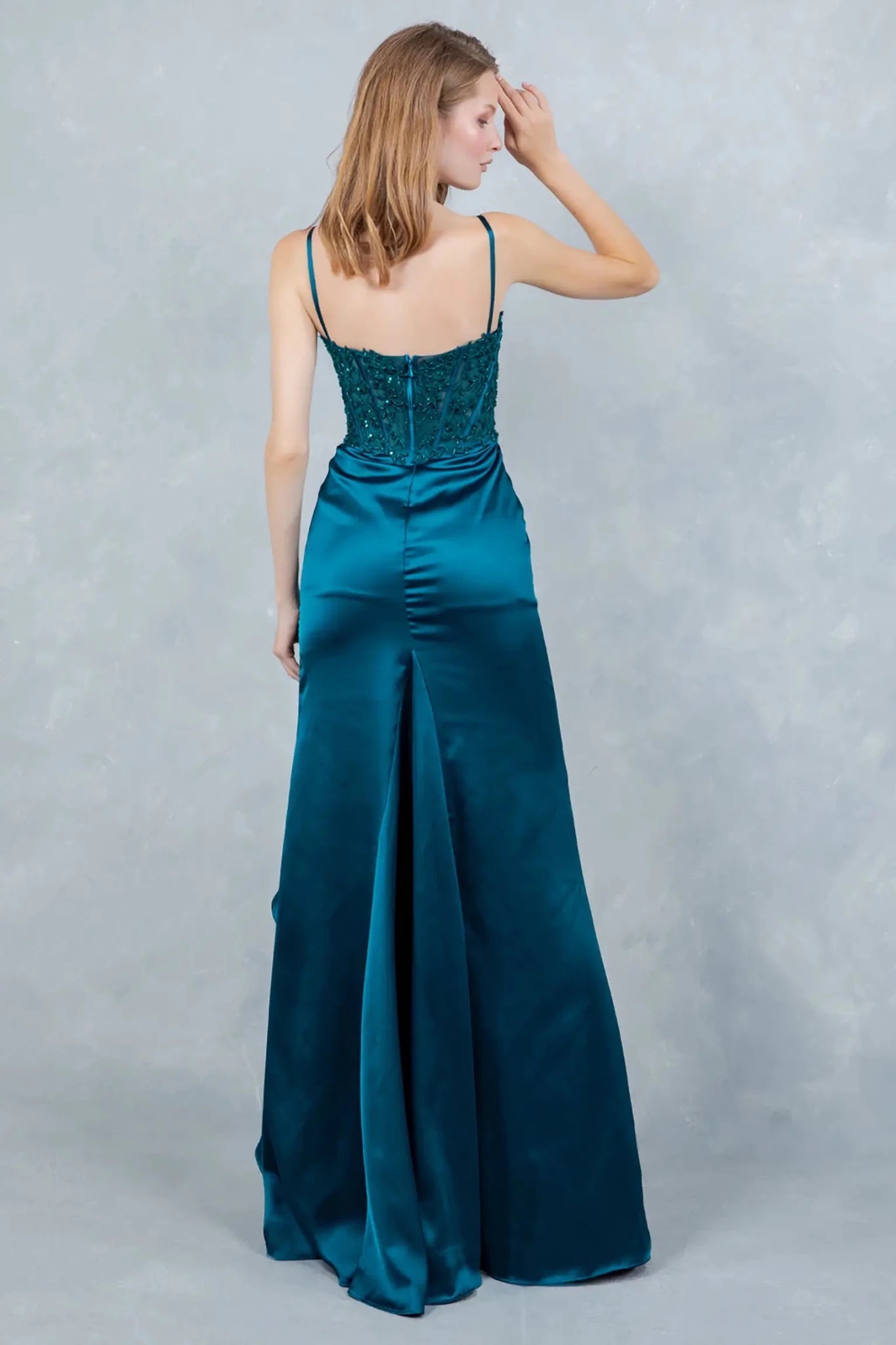 A full back view of a woman wearing a blue formal dress with an elegant flowing train.
