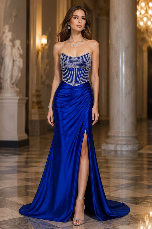 Royal Blue evening dress with sheer corset bodice embellished in silver rhinestone beading