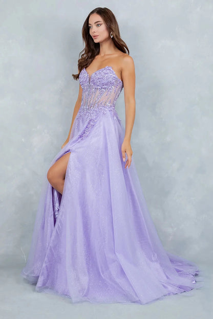 A side profile view of a woman wearing a lilac A-line prom dress, highlighting the sculpted corset waist and flowing glitter tulle skirt.