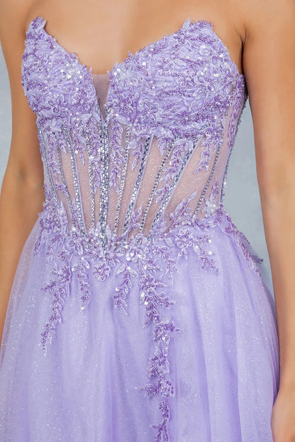 A close-up view of a woman wearing a lilac strapless bodice with floral lace appliqués, sequins, and sheer corset paneling.