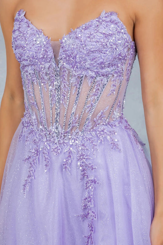 A close-up view of a woman wearing a lilac strapless bodice with floral lace appliqués, sequins, and sheer corset paneling.