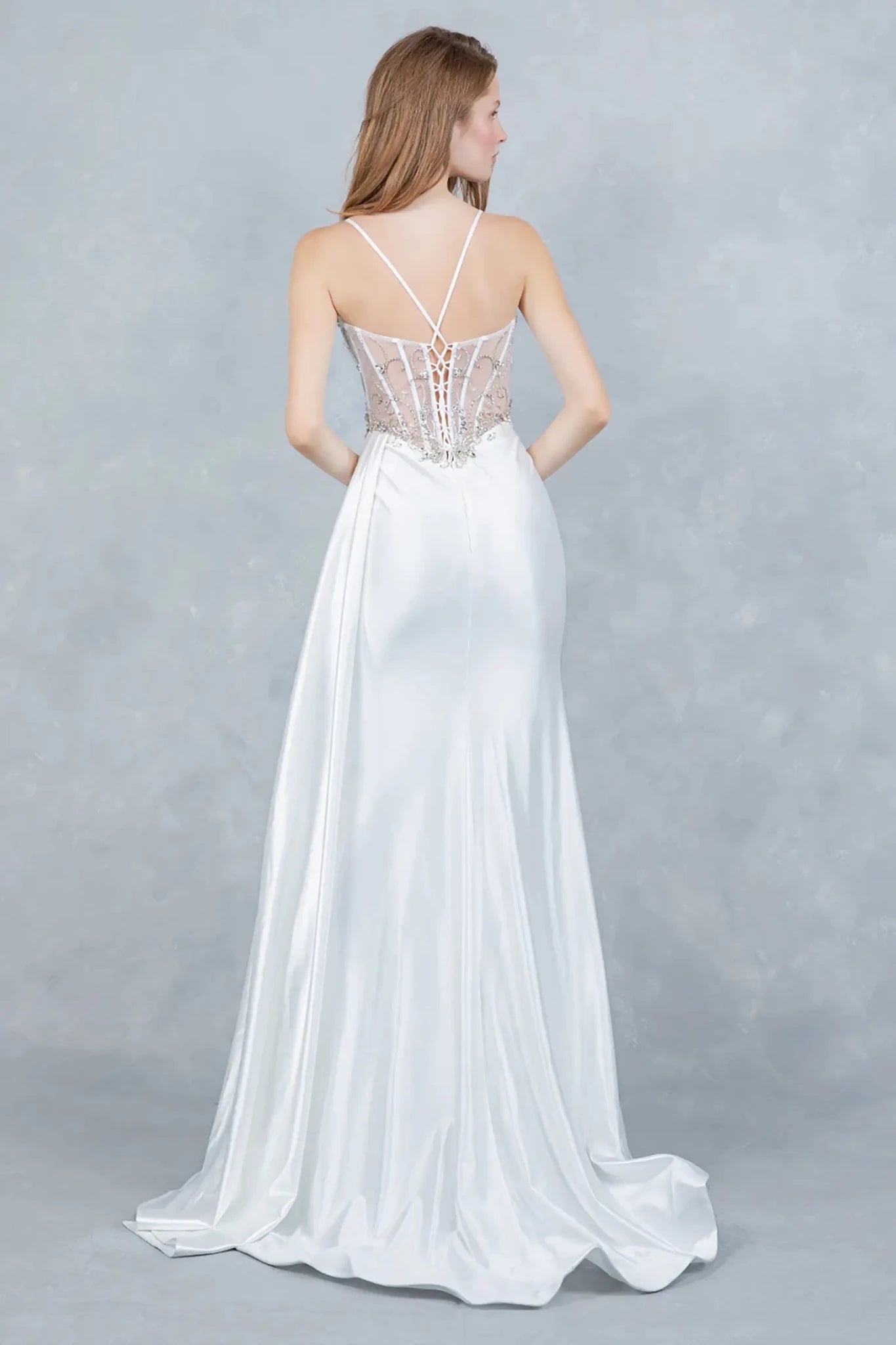 Full back view of silver formal dress with lace-up corset and train.