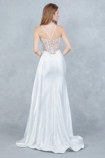 Full back view of silver formal dress with lace-up corset and train.