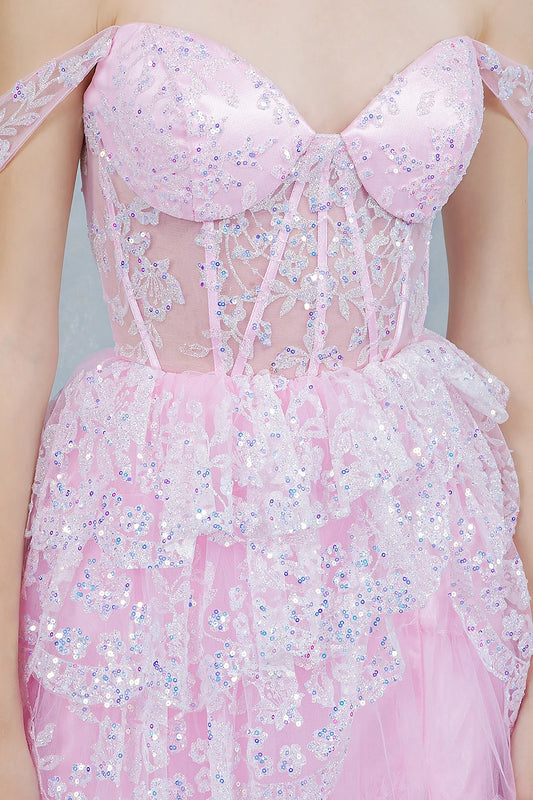 Pink prom dress styled with tiered glitter tulle skirt trimmed in floral embroidery