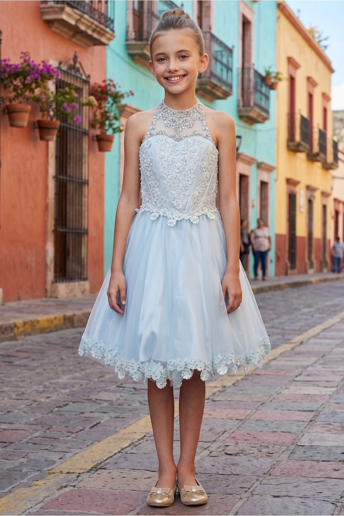 Showcasing with a jeweled illusion halter neckline, this Blue kids party dress displays elegant detail.