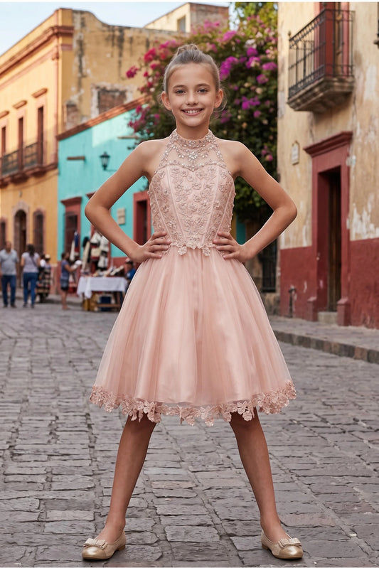 Showcasing with crisscross lacing and a halter opening, this Blush kids party dress displays elegant detail.