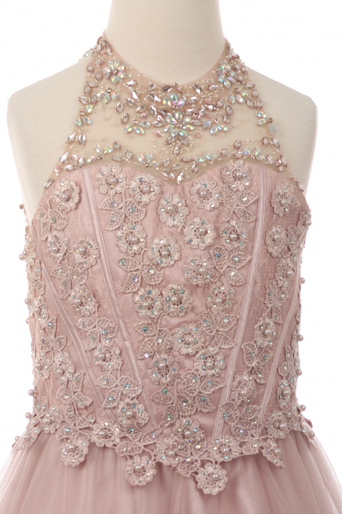 Accented a jeweled illusion halter neckline adds character to this Dusty Rose kids party dress.
