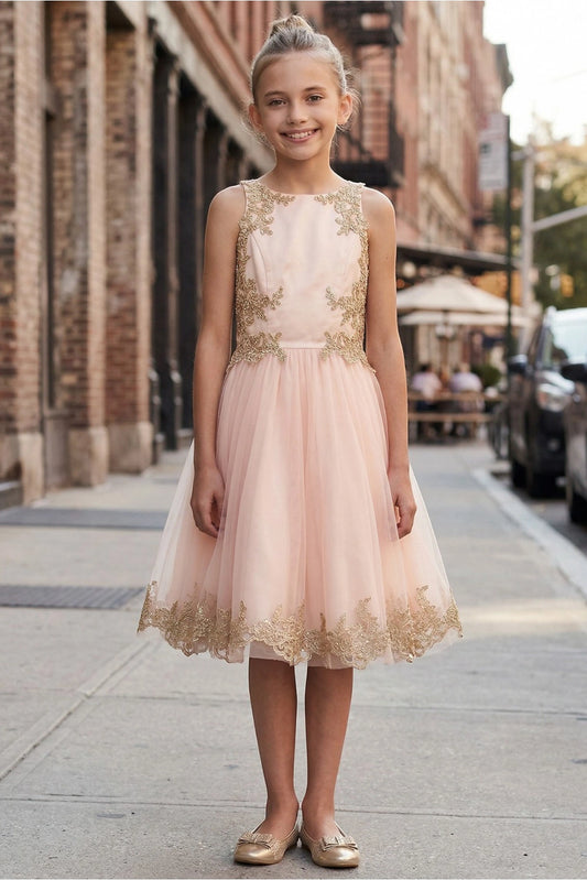 Showcasing with contrasting gold floral lace, this Blush kids party dress displays elegant detail.
