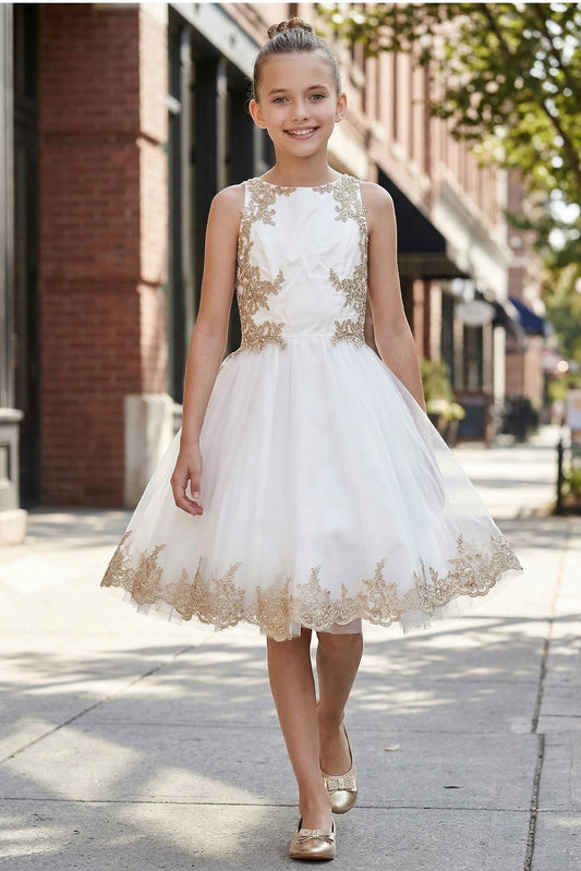 Showcasing with contrasting gold floral lace, this Off-White kids party dress displays elegant detail.